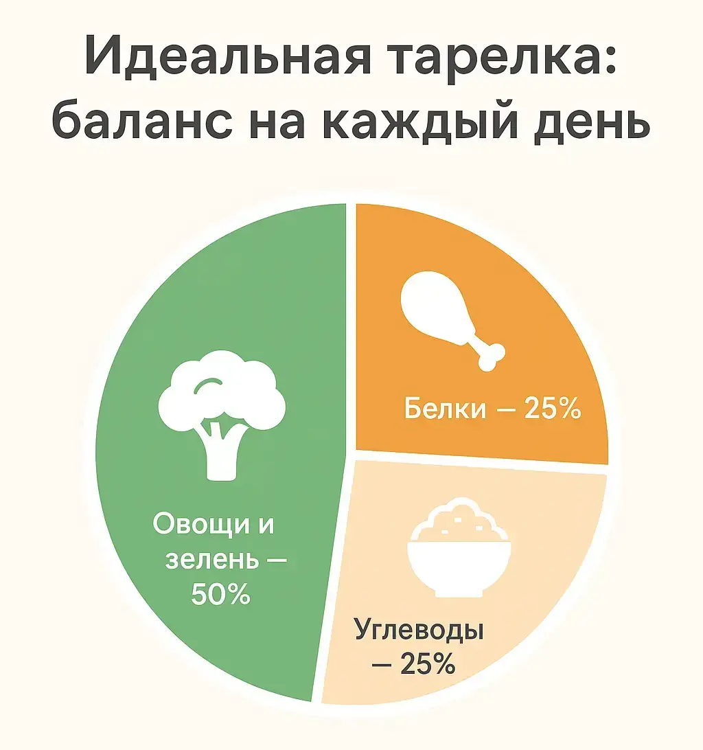 Как составить тарелку еды: 50 % овощи и зелень, 25 % - белки, 25 % - углеводы